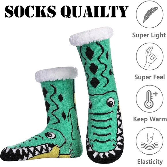 Crocodile Slipper Socks Soft Cozy Fuzzy Fleece Lined Winter Non Slip Mens 6-12 - Picture 4 of 6
